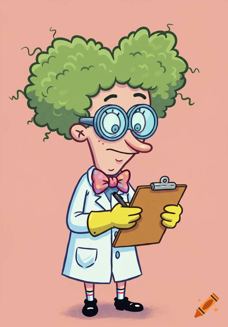 A cartoon scientist with green bushy hair, large glasses, a white lab coat, and a pink bow tie holds a clipboard.