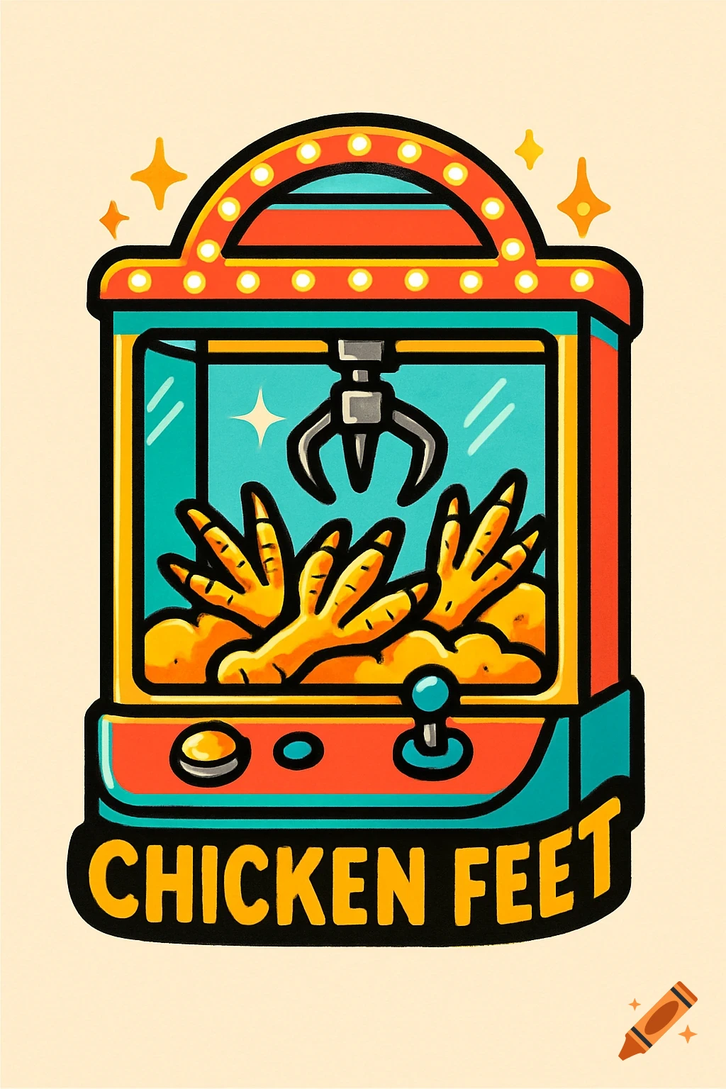 Stylized illustration of a claw machine filled with chicken feet, labeled 'CHICKEN FEET'.