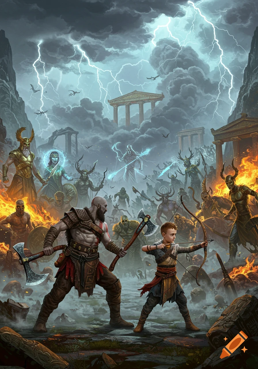Kratos and Atreus battle Greek and Norse gods amidst ancient ruins and lightning in a dynamic fantasy illustration.