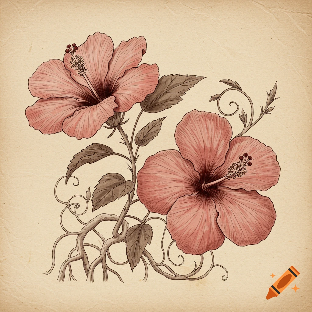 Vintage illustration of two pink hibiscus flowers with leaves and roots on aged paper.