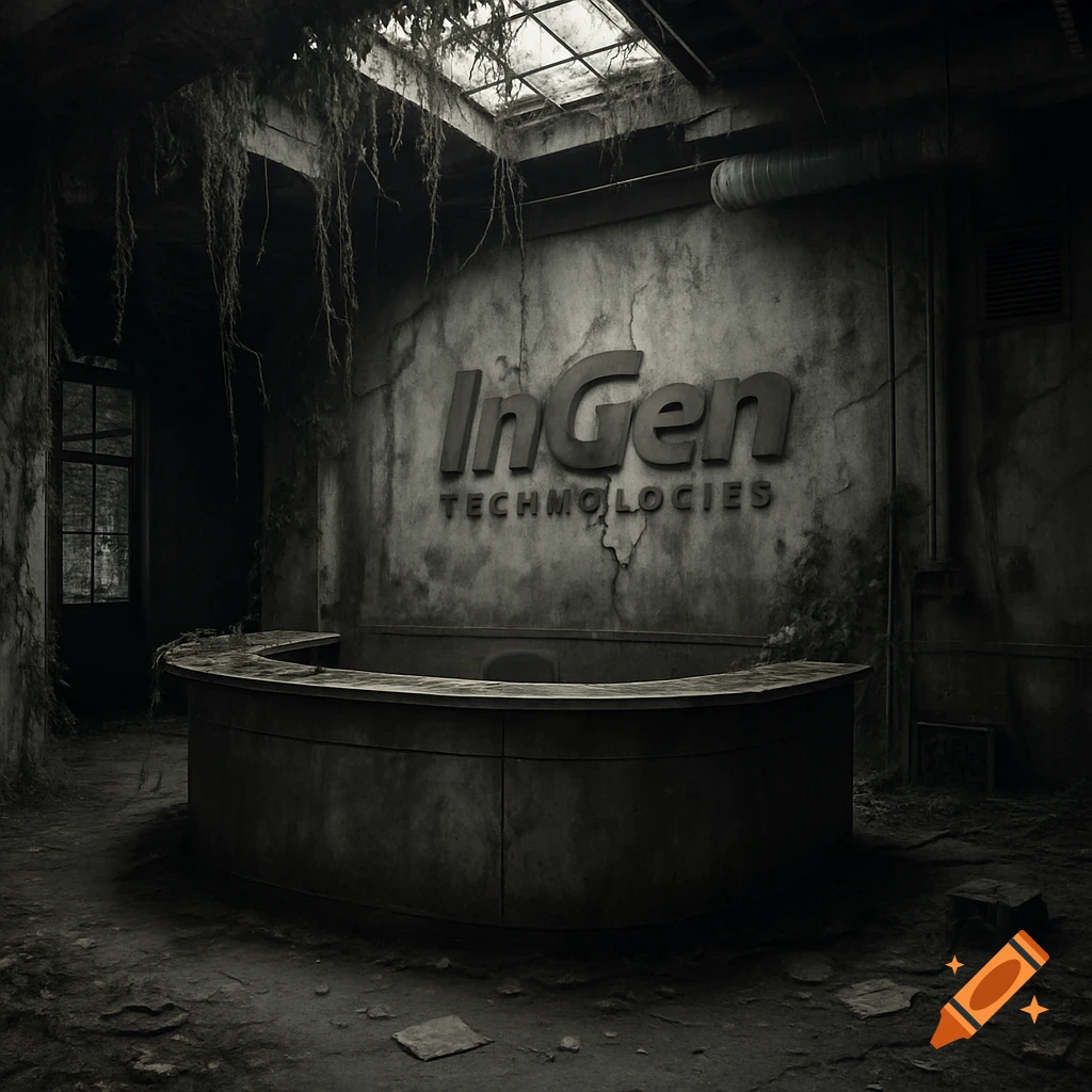 A dilapidated, black-and-white post-apocalyptic reception area with a curved desk and an 'InGen Technologies' logo on a cracked wall.