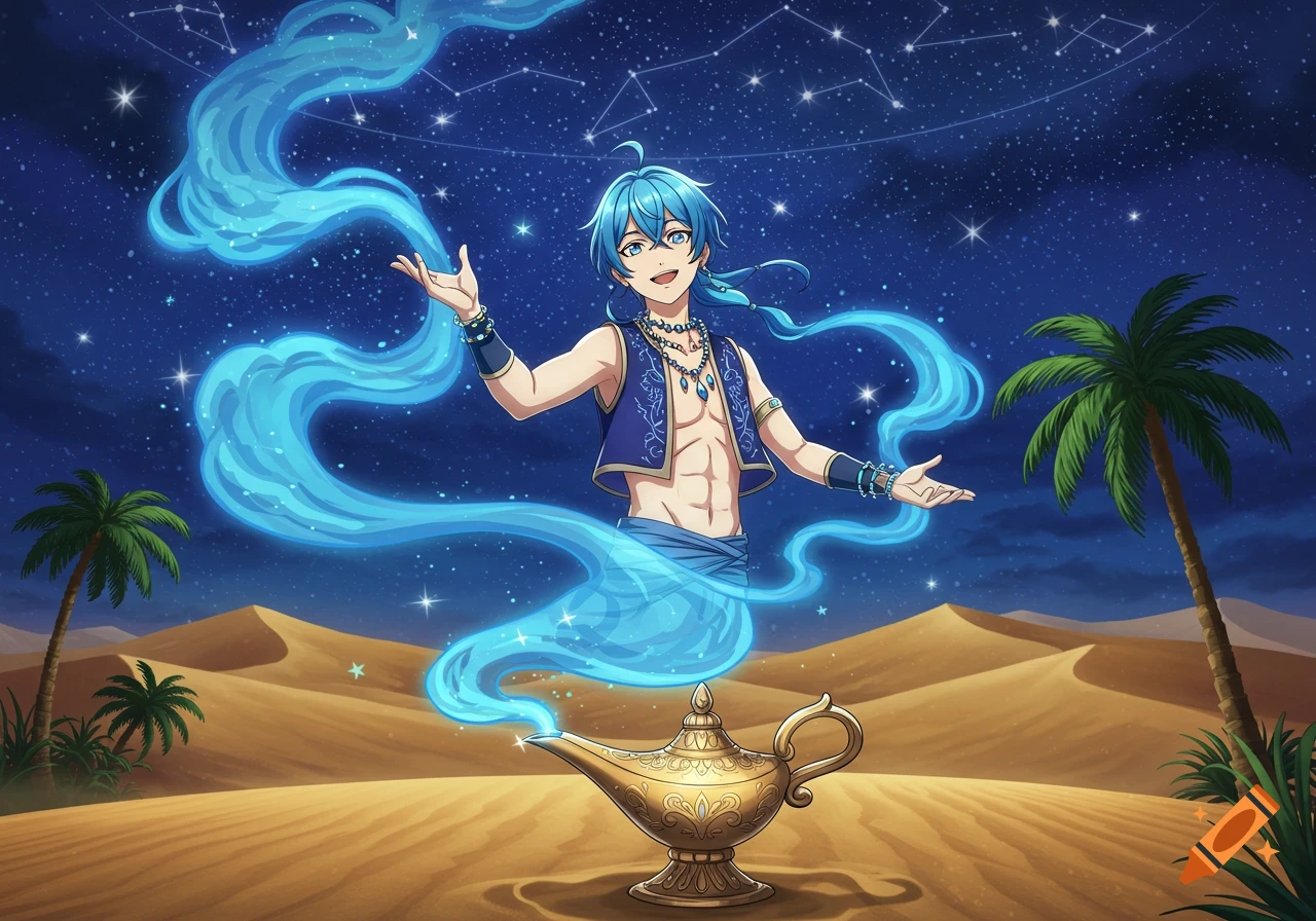 An anime boy genie with blue hair emerges from a golden lamp in a desert at night, under a starry sky with constellations.