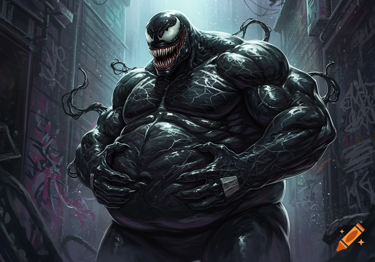 Massively obese Venom, a large black creature with white eyes and sharp teeth, hugs his stomach in a dark, graffiti-covered urban alleyway, in an illustrative comic book style.