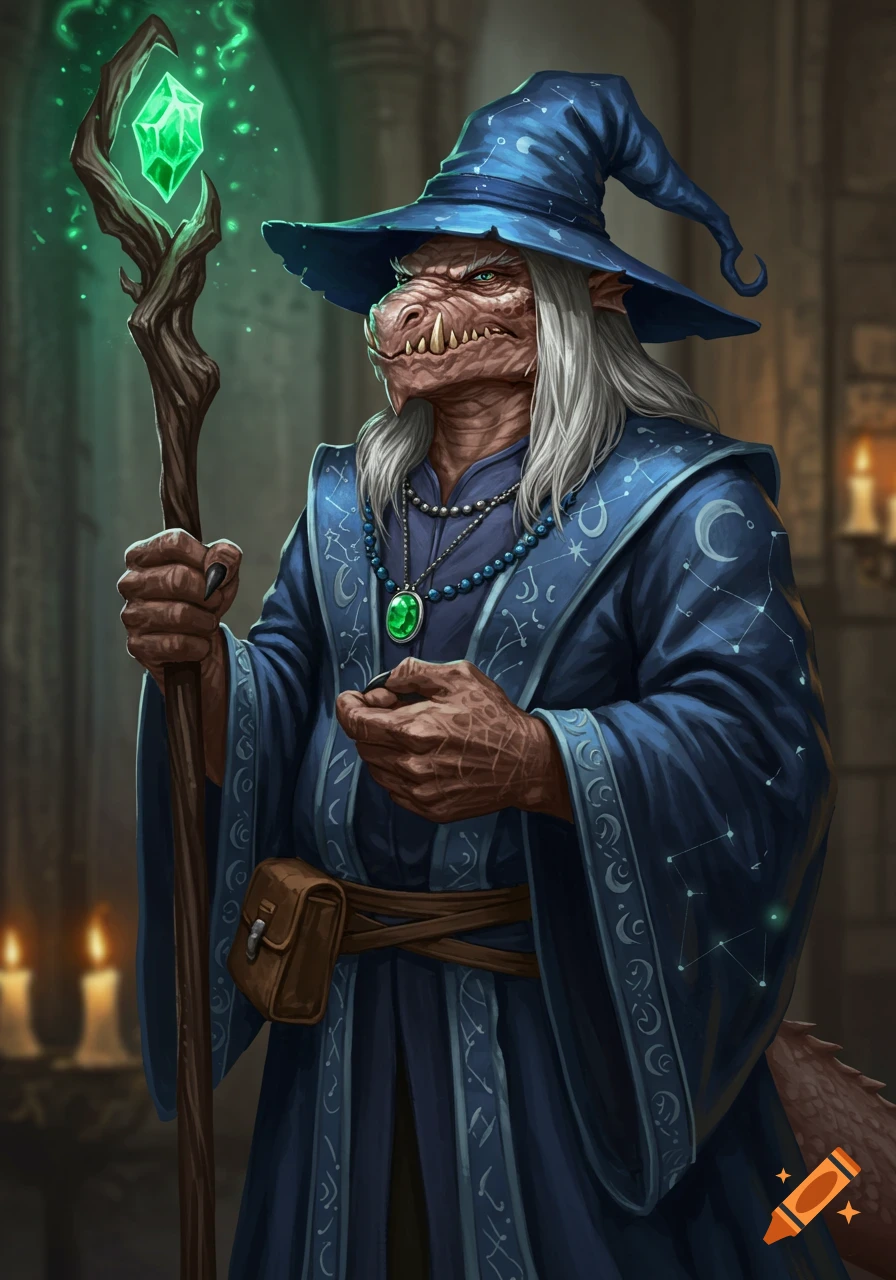 A gruff, portly male dragonborn wizard in a blue robe and hat, holding a staff with a glowing green jewel, in a detailed fantasy art style.