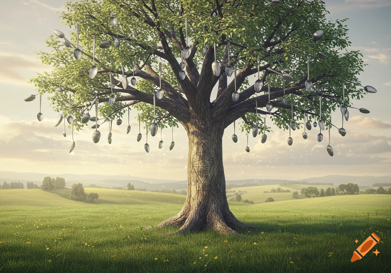 A photorealistic image of a large, leafy tree with numerous silver spoons hanging from its branches, set in a green field under a soft, cloudy sky.