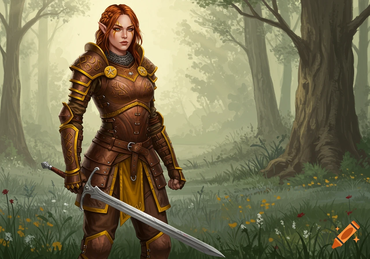 A red-haired female elf warrior in brown and yellow leather armor holds a sword in a forest with trees and wildflowers.