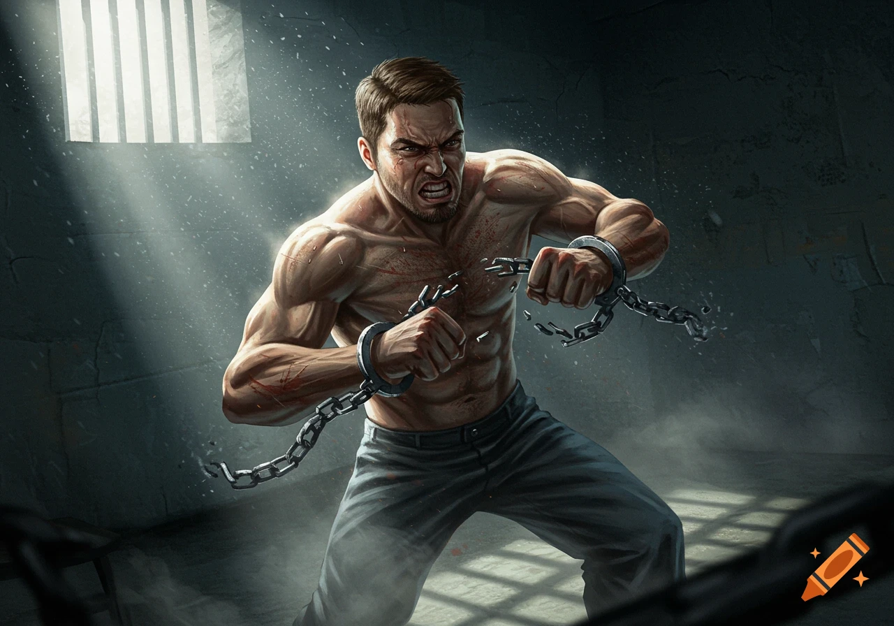A muscular man with an angry expression breaks free from chains in a dark, lit prison cell, digital illustration.