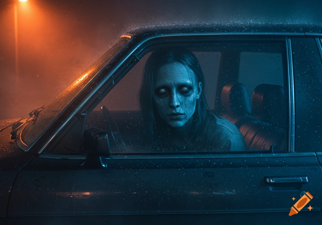 A ghostly, pale woman with white eyes stares from inside a car on a rainy, foggy night with eerie lighting.