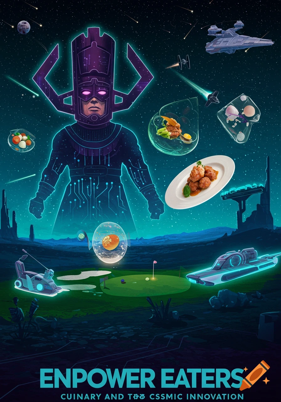 A cosmic poster featuring a Galactus-like figure, spaceships, various food dishes floating, a golf course on an alien planet, and text for "EnPower Eaters."