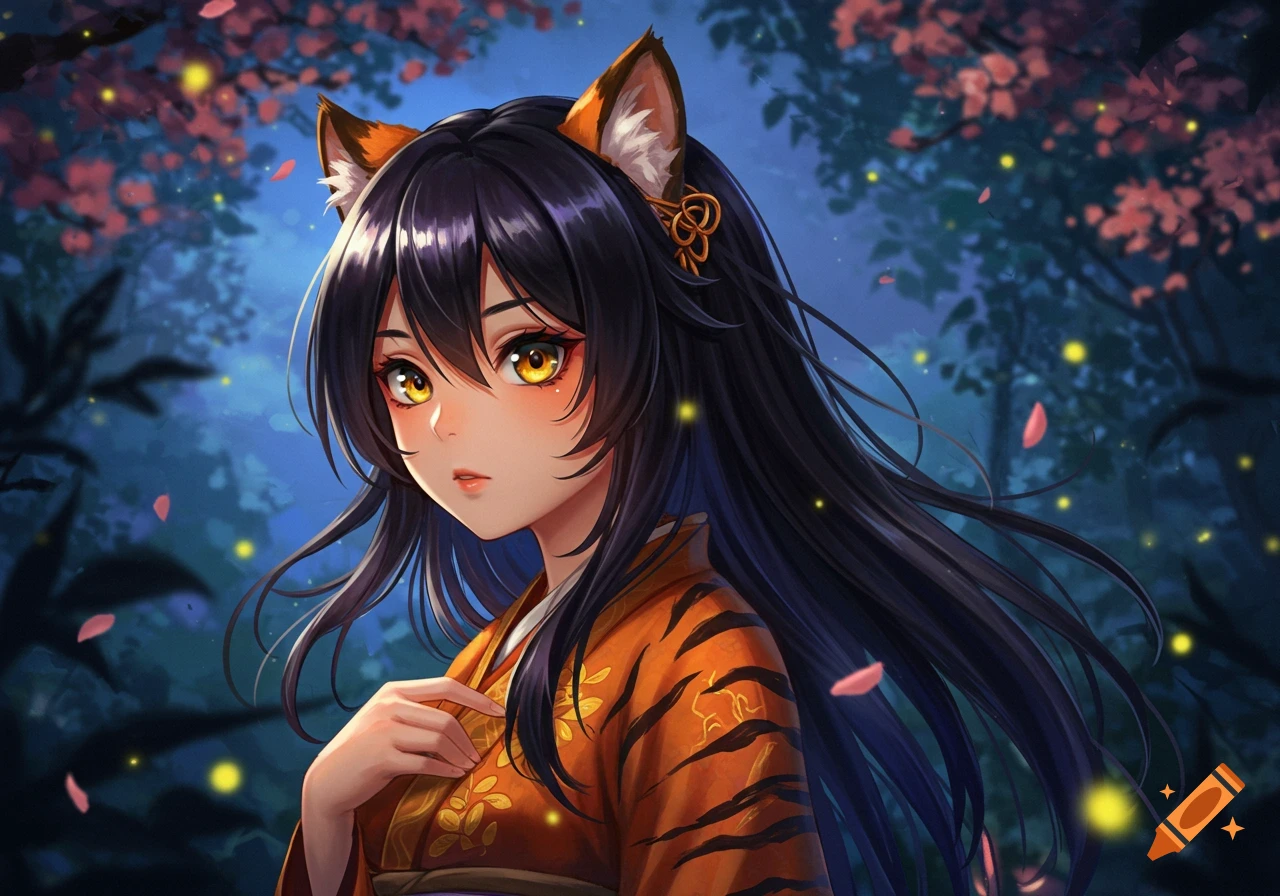 Anime girl with black hair and tiger ears in a dark, glowing fantasy forest with pink petals falling.