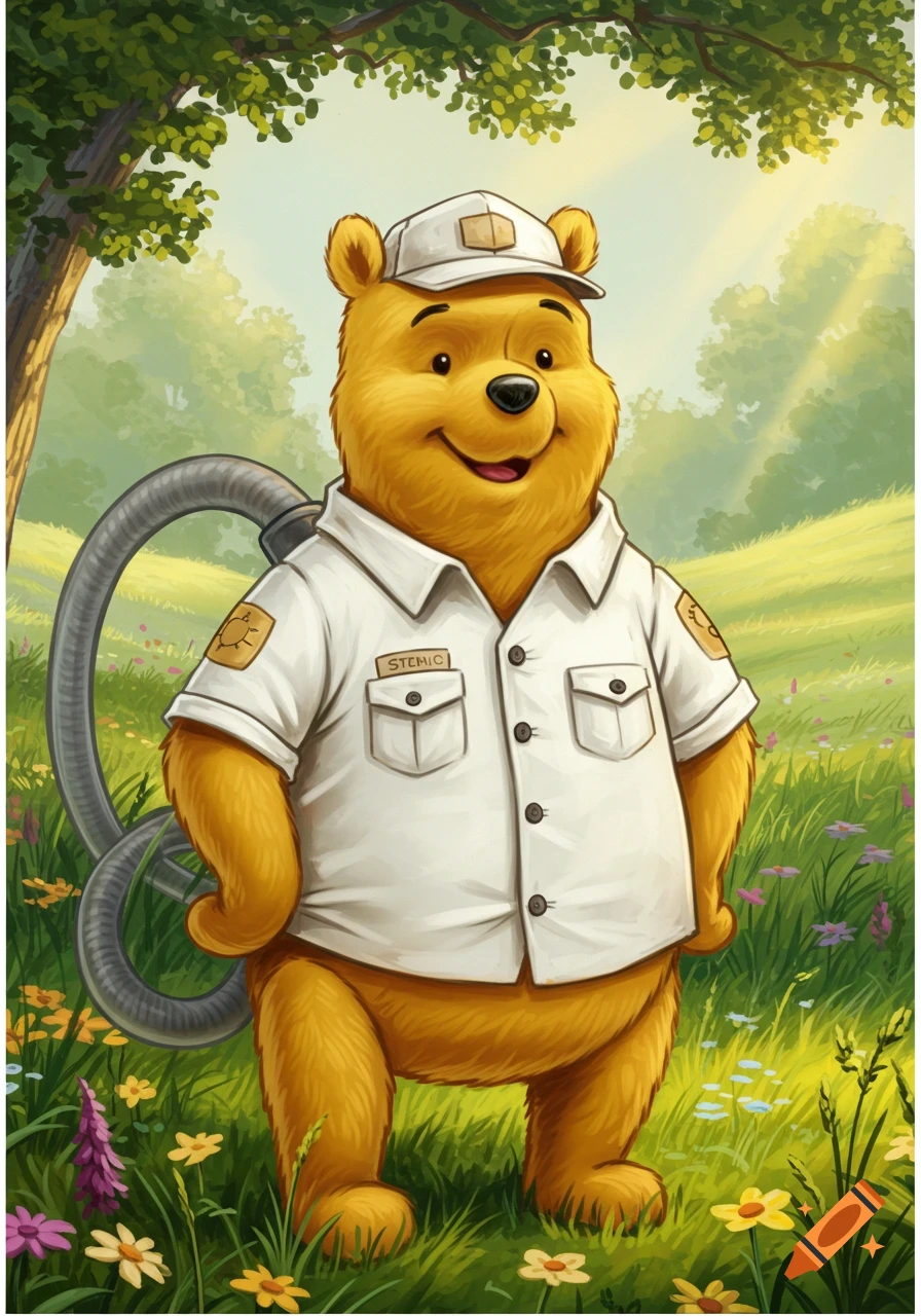 Winnie the Pooh dressed in a white uniform with a name tag and a cap, standing in a sunny, flower-filled meadow.