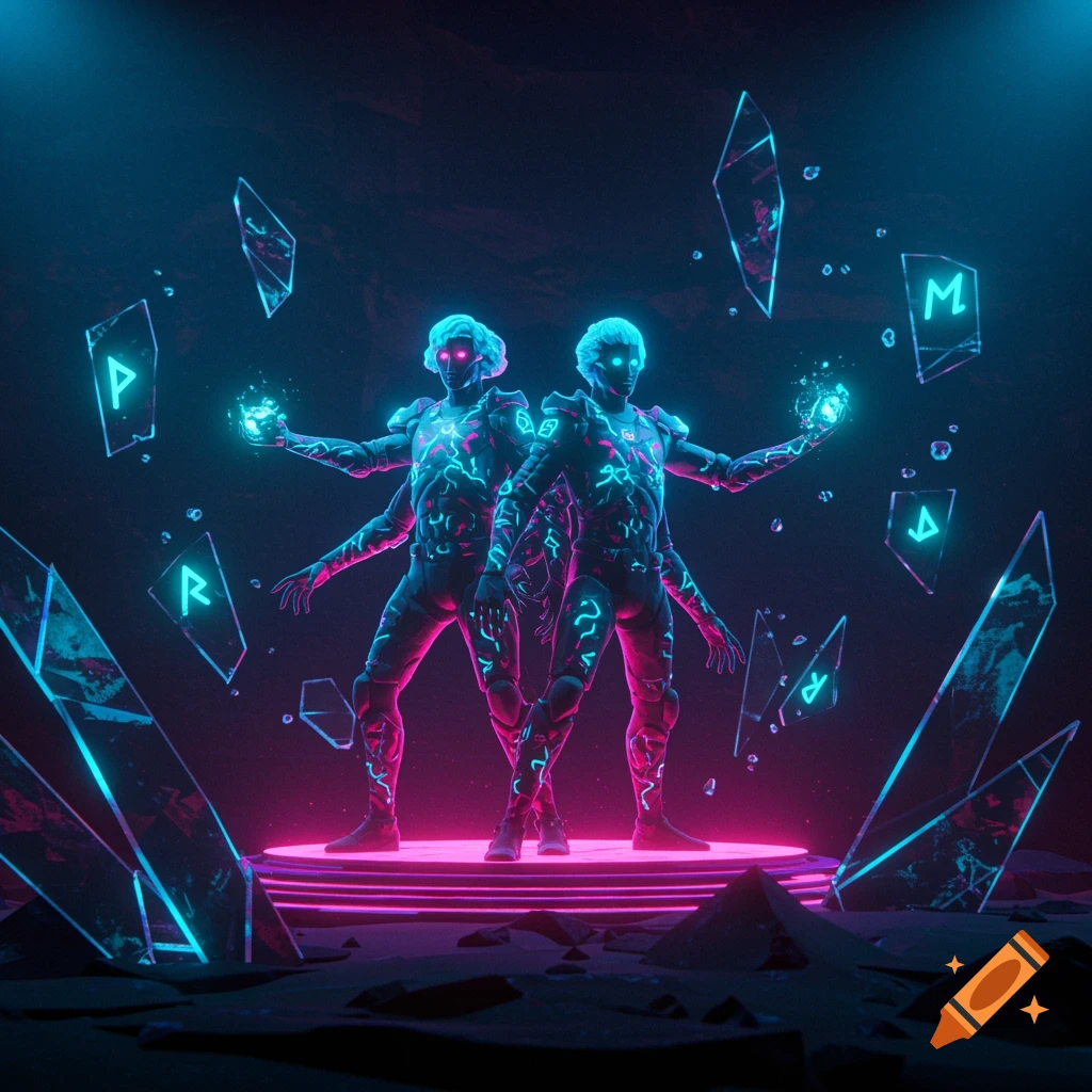 Two multi-armed, glowing humanoid figures in armored suits stand on a pink neon platform, surrounded by floating, glowing blue crystal shards with rune-like symbols, in a dark, atmospheric setting.