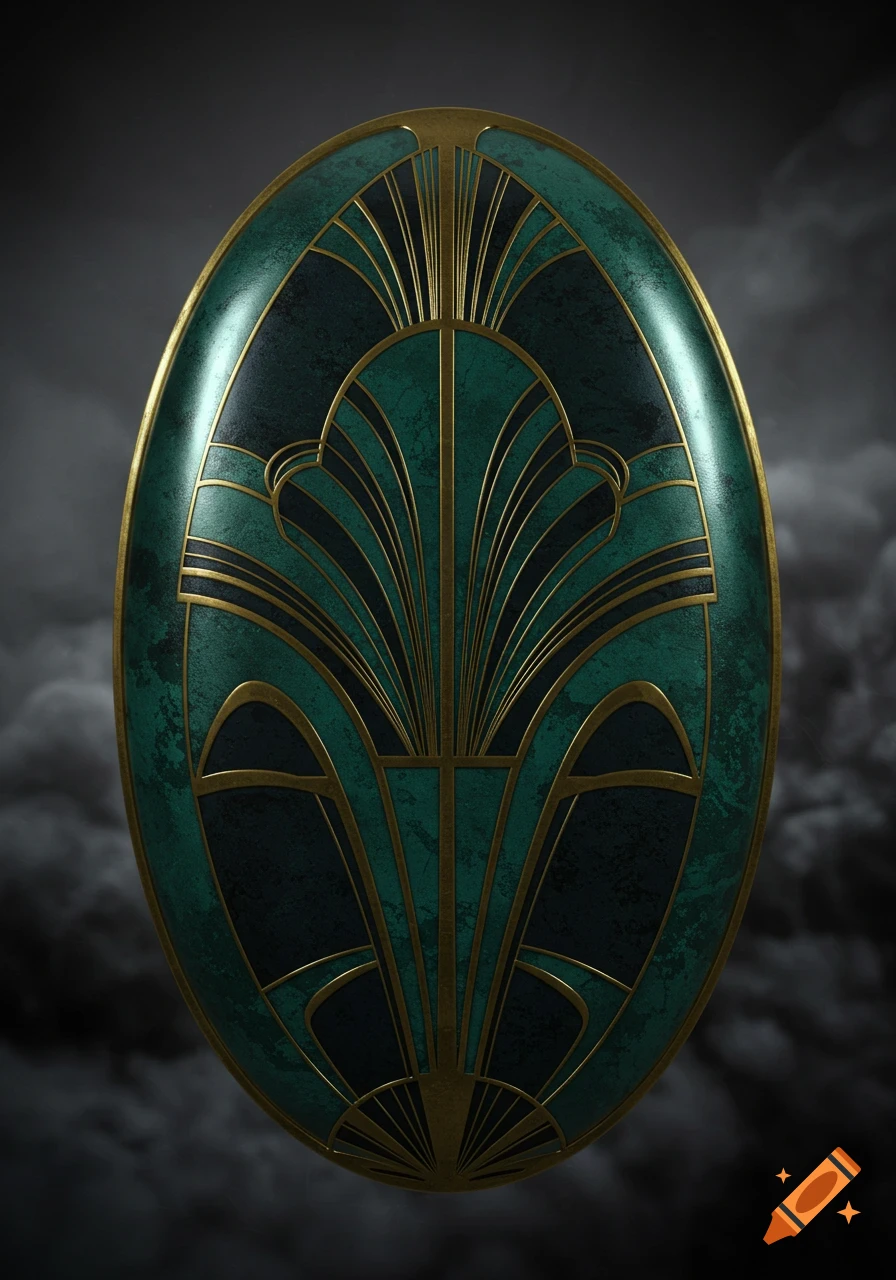 An oval Art Deco decoration featuring brass lines against dark green-blue and black marble-like textures.