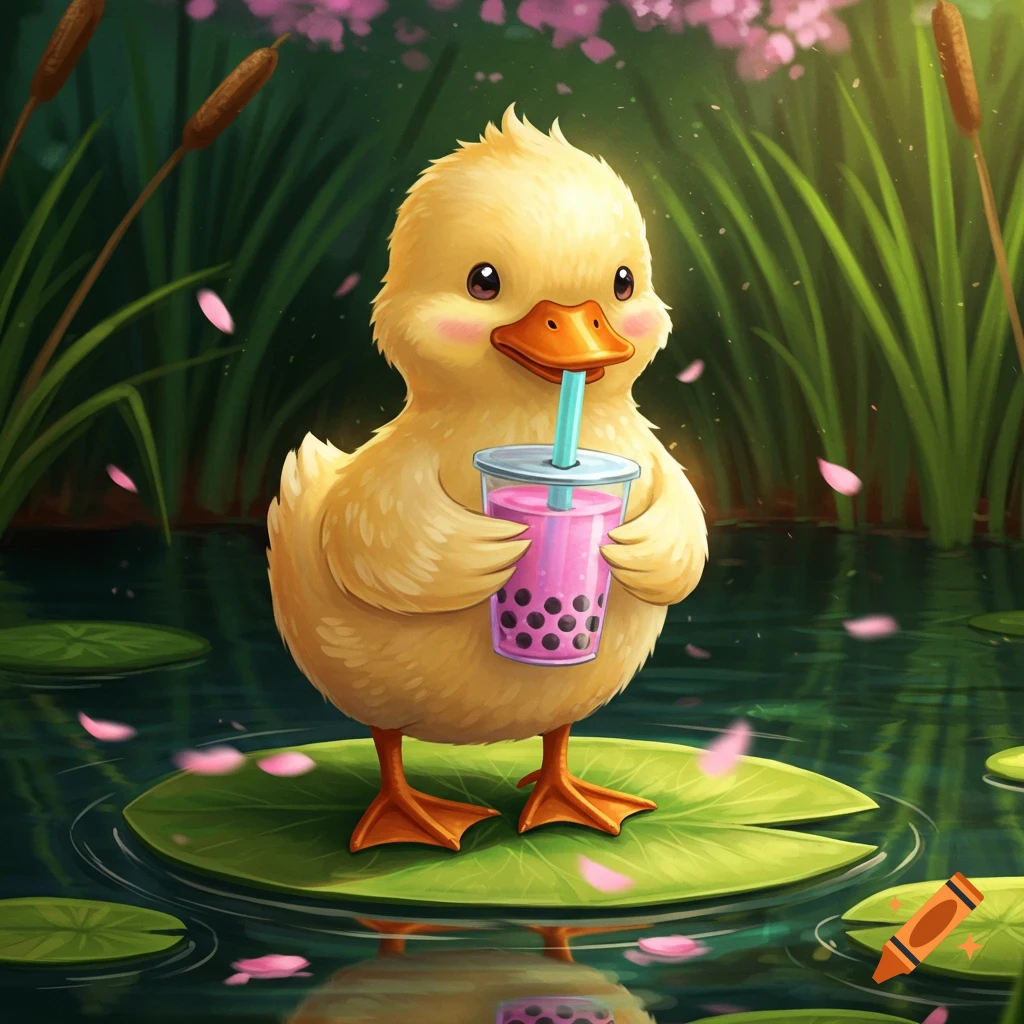A cute yellow duck stands on a lily pad, holding and drinking from a pink cup of bubble tea in a pond.