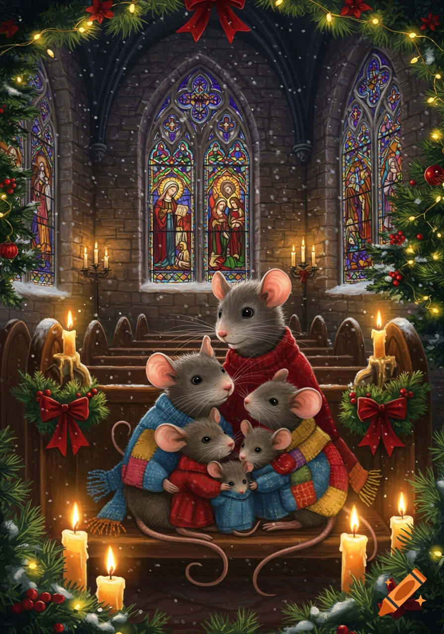 A cute mouse family, including parents and four small mice, sits in a snow-covered church pew adorned with Christmas garlands and lit candles. Stained glass windows depict religious scenes.