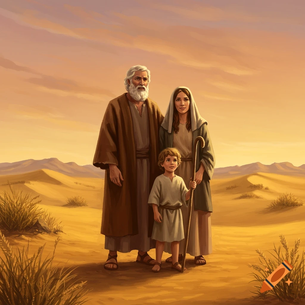 An illustrative painting of an older man with a white beard, a woman, and a young boy with a staff standing in a desert landscape at sunset.