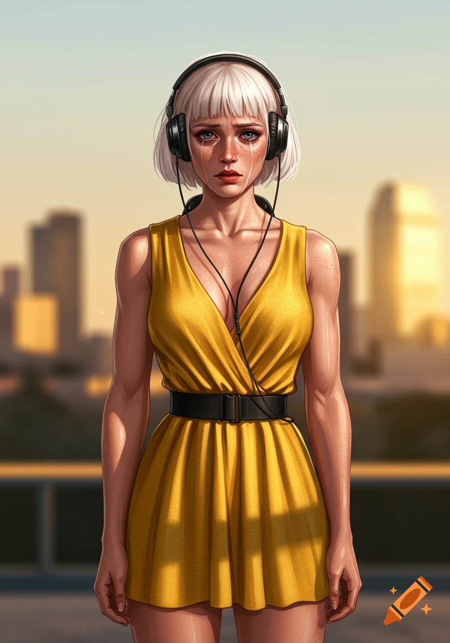 A woman with platinum blonde hair wearing headphones and a yellow dress stands outdoors, crying.