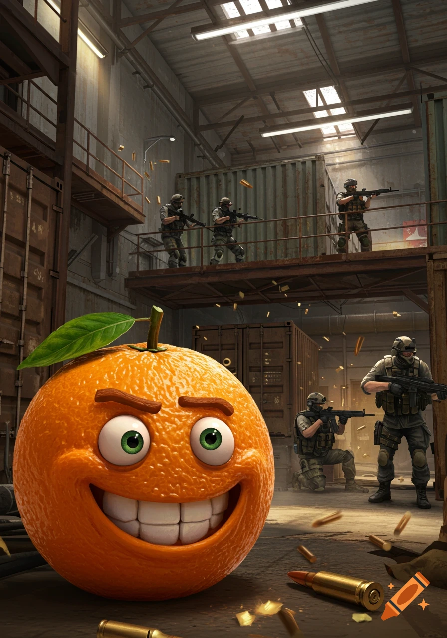 A cartoon orange with a big smile in a gritty warehouse with armed soldiers and scattered bullet casings.