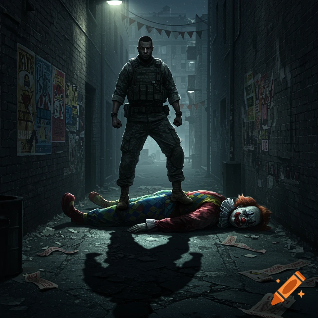 A soldier in camouflage uniform stands triumphantly on a clown lying on the ground in a dark, gritty alley. Photorealistic.