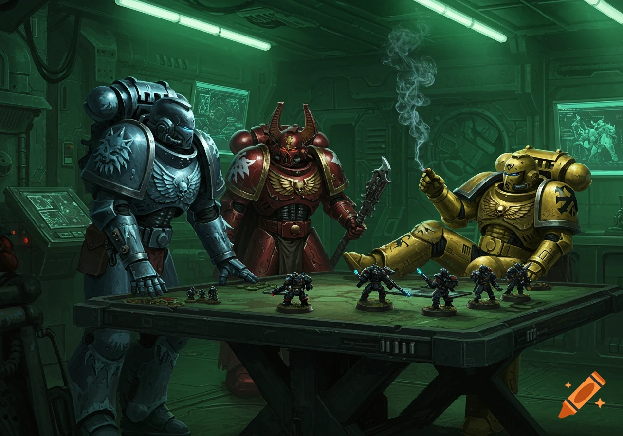 Three Space Marines from the Warhammer 40,000 universe, including a Space Wolf, a Khorne Berserker, and an Imperial Fist, are playing a tabletop wargame in a dark, sci-fi room. The Imperial Fist is smoking.