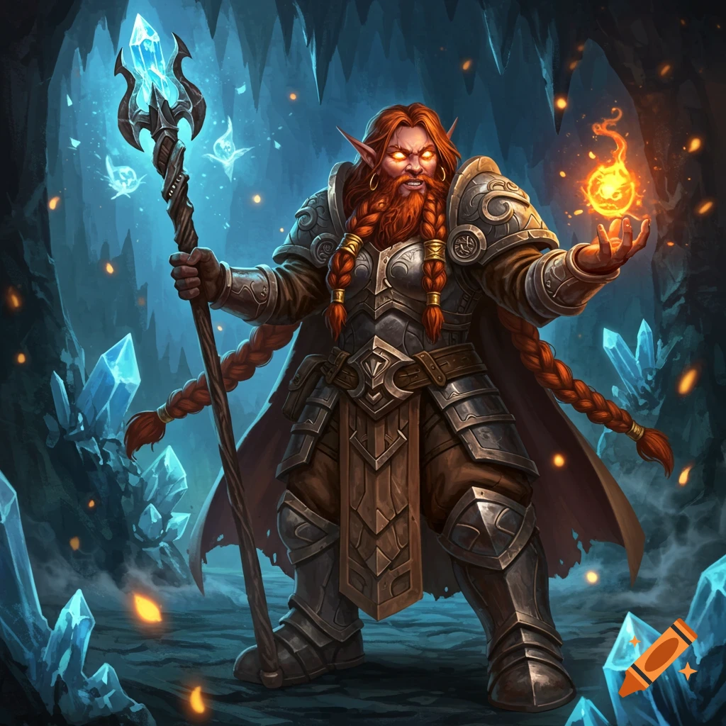 A fantasy illustration of a heavily armored dwarven sorcerer with a long red braided beard, holding a crystal staff and conjuring fire in a dark crystal cave.