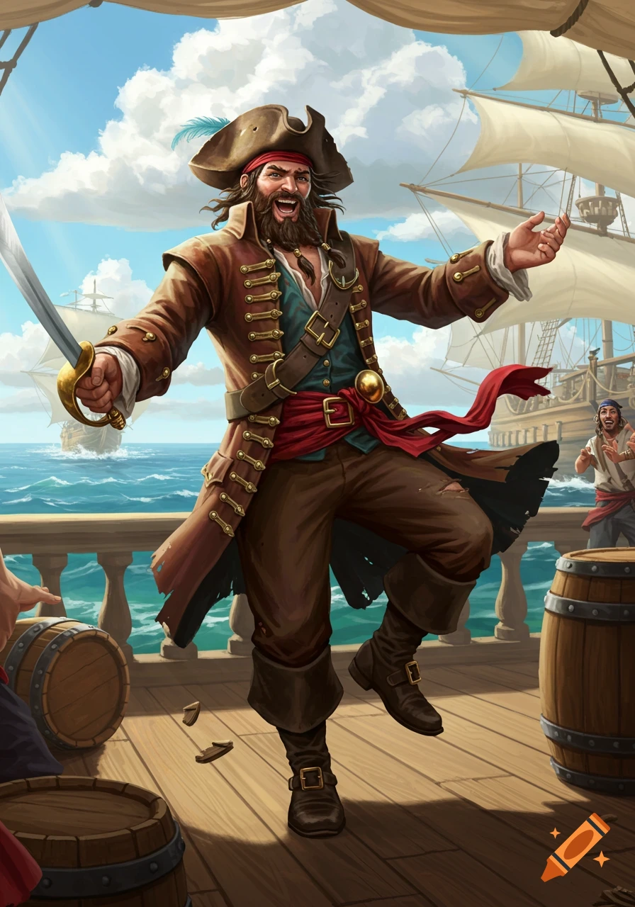 A jovial pirate with a beard and eye patch dances on a ship's deck, holding a sword, with other pirates and ships in the background.