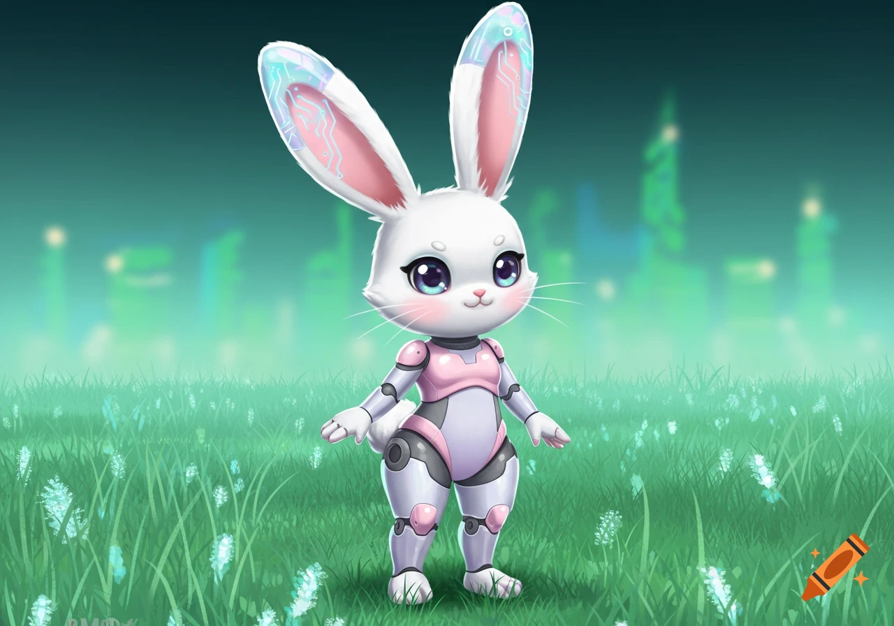 A cute white robotic bunny with pink and grey armor stands in a green field with a blurry teal background.