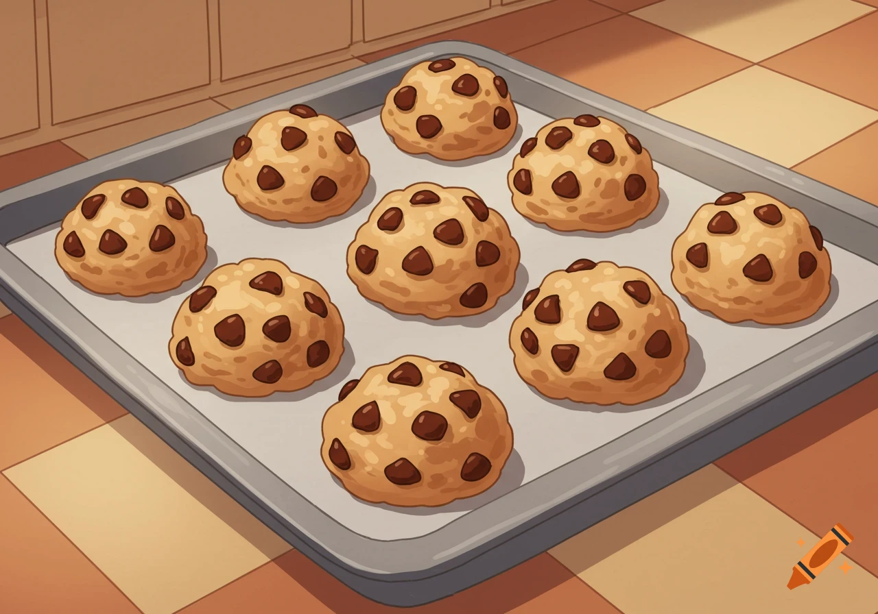 Cartoon illustration of raw chocolate chip cookie dough balls on a baking tray.