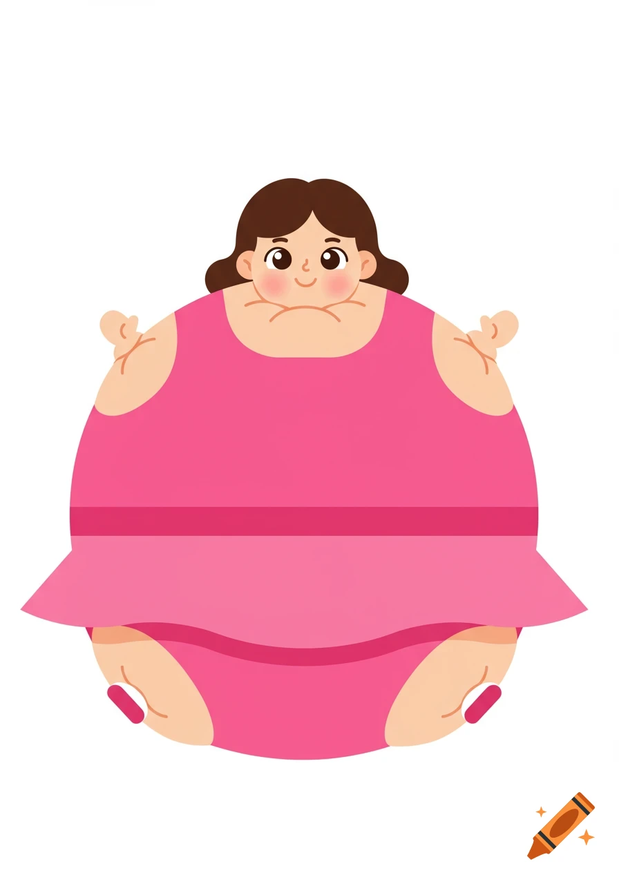 A cartoon girl with an extremely round, inflated body wears a pink dress and has small, stylized limbs.
