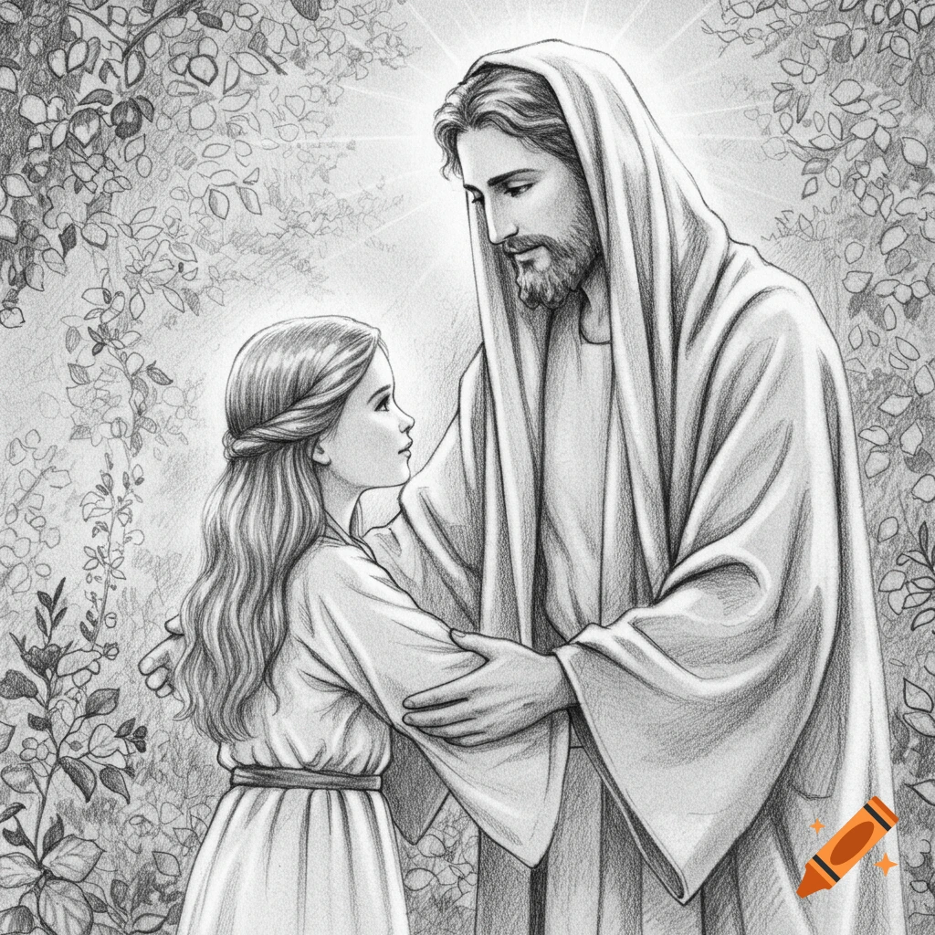 Pencil drawing of Jesus comforting a young girl amidst leafy vines, looking at each other.