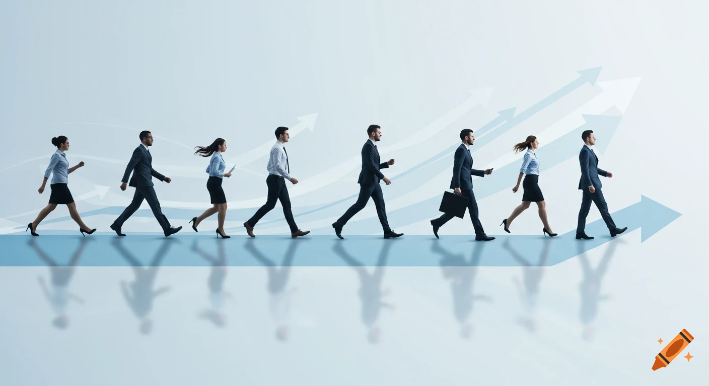 Diverse group of business professionals walking in a line on an upward trending arrow, symbolizing progression and growth.