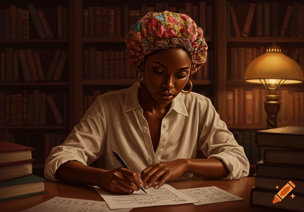A Black woman with a colorful headwrap writes on papers at a desk in a library, illuminated by a lamp.