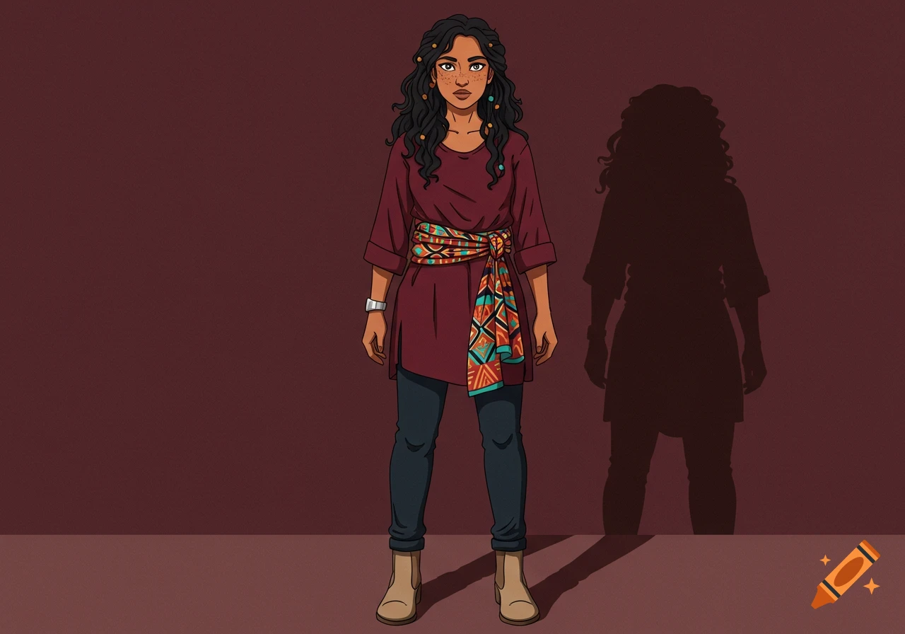 A cel-shaded cartoon woman with dark curly hair, wearing a burgundy tunic, colorful sash, dark jeans, and tan boots, stands.