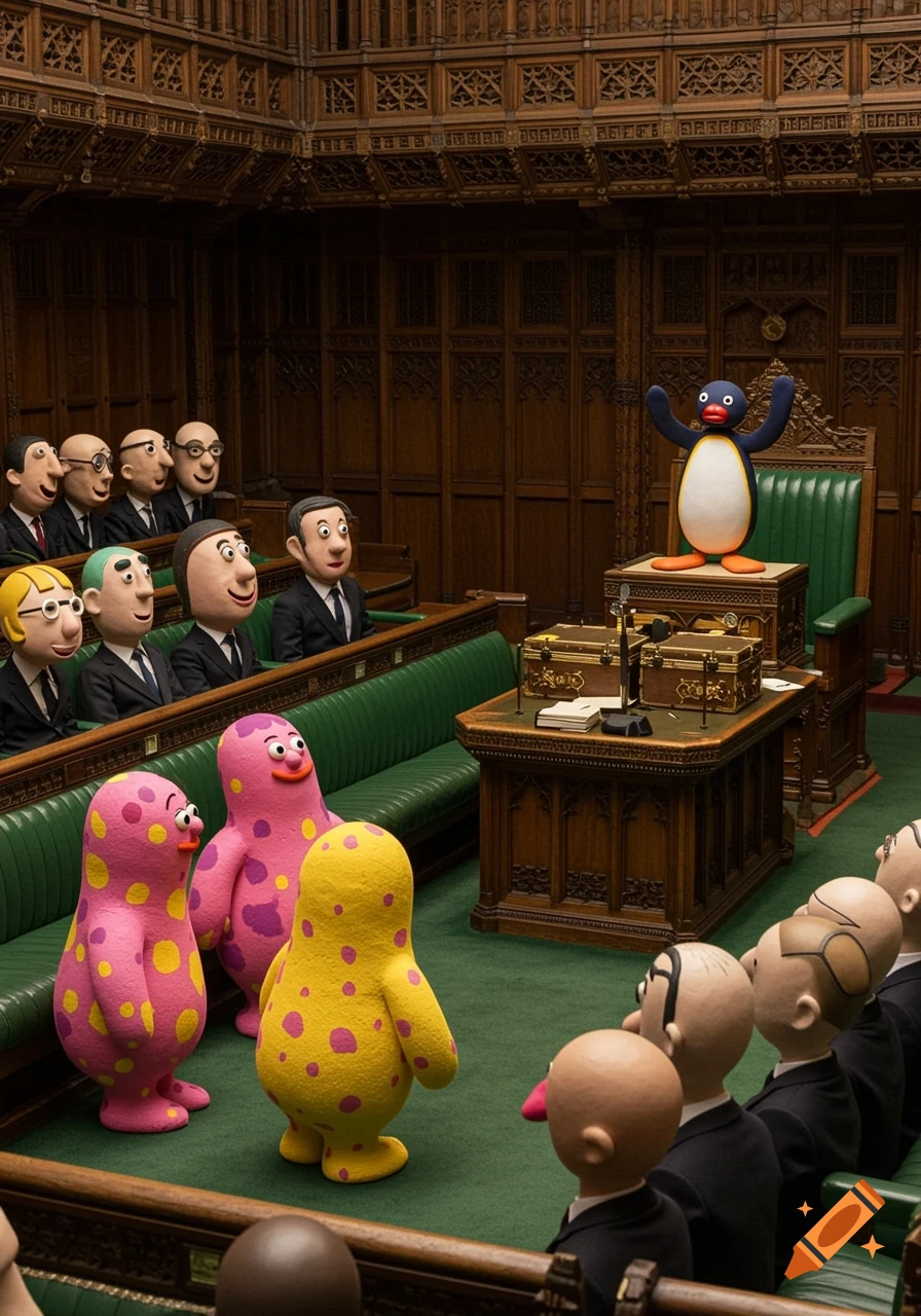 A claymation Pingu speaks from a podium in a wood-paneled parliament chamber filled with pink and yellow blob figures and suited bald figures.