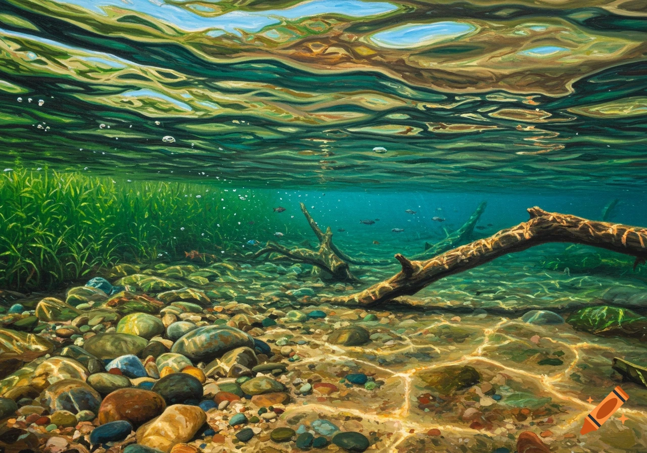 Detailed underwater view of a clear river with colorful rocks, green plants, sunlit surface ripples, tree branches, and small fish.