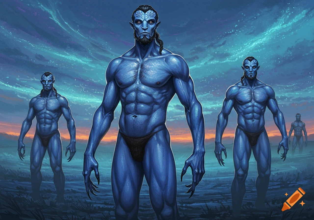 Three tall, muscular blue-skinned alien men with beards and claws stand on a desolate landscape under a dramatic blue and orange sky.