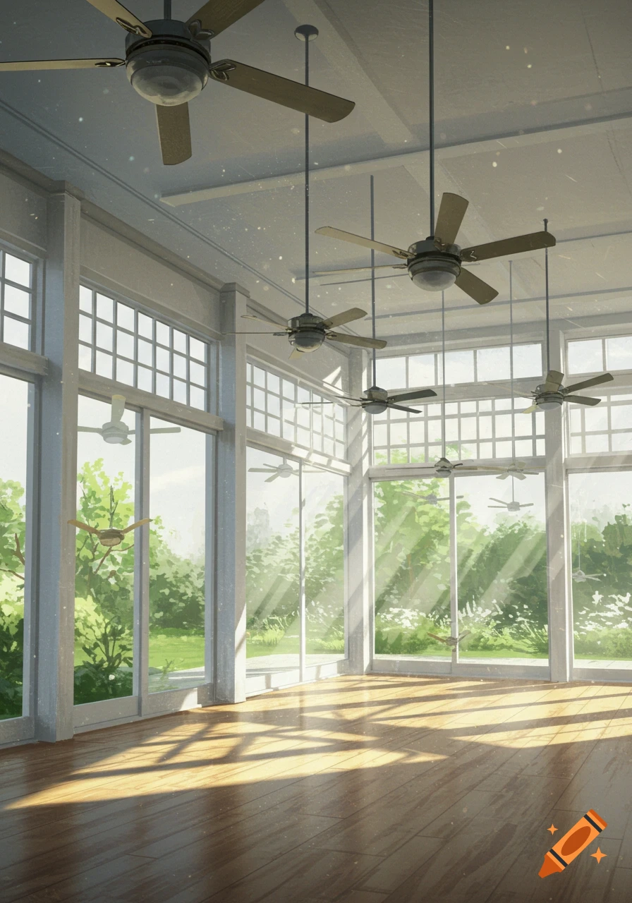 Bright room with large windows overlooking a lush garden, multiple ceiling fans on the ceiling, sunlight on wooden floor.