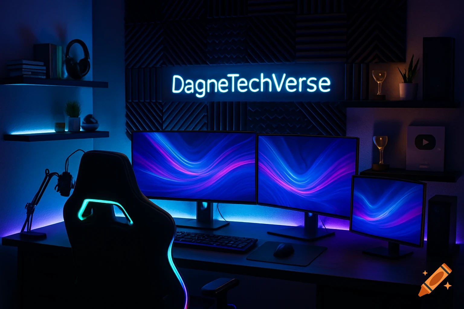 A professional, neon-lit gaming and tech setup with multiple monitors, an RGB gaming chair, shelves, and a 'DagneTechVerse' sign.