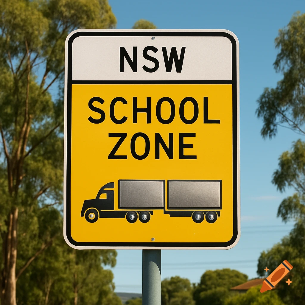 Photorealistic close-up of a yellow and white NSW school zone road sign featuring a silhouette of a B-double truck.