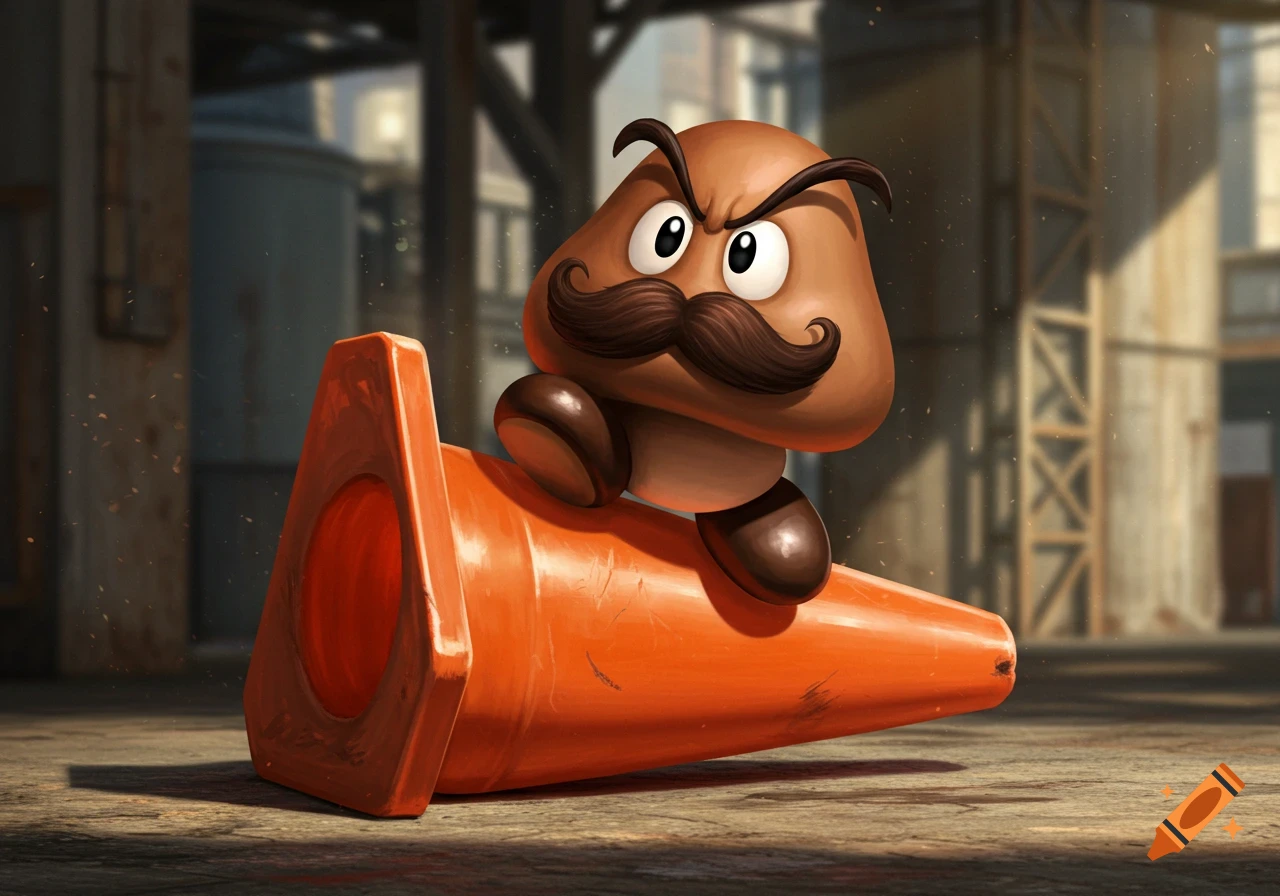 A cartoon Goomba-like character with a mustache and legs sits on an orange traffic cone in an industrial setting.