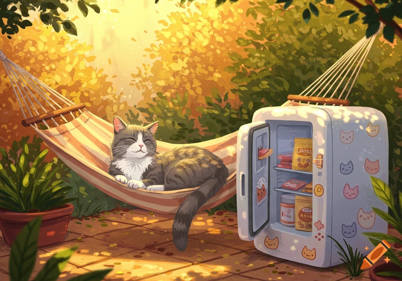 A grey and white cat happily lounges in a striped hammock in a sunny garden, with a mini-fridge containing cat treats nearby in an illustrated style.