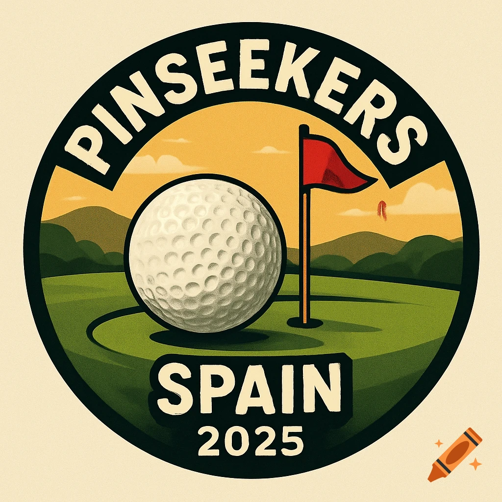 A circular emblem for 'Pinseekers Spain 2025' featuring a large golf ball, a red flag on a green, and mountains under an orange sky.