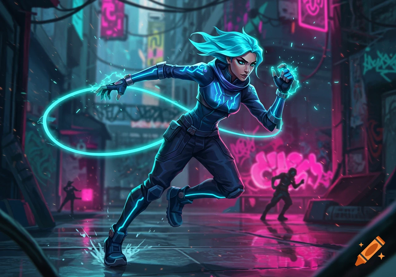 An anime-style female character with teal hair and glowing blue suit runs through a neon-lit cyberpunk city street.