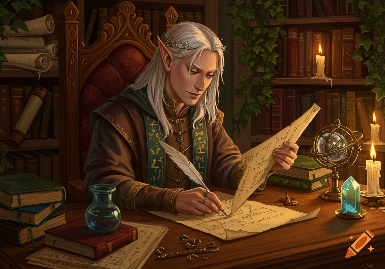 A white-haired elf scholar in a rich robe sits at a wooden desk, writing on a scroll with a quill in a candlelit library filled with books.