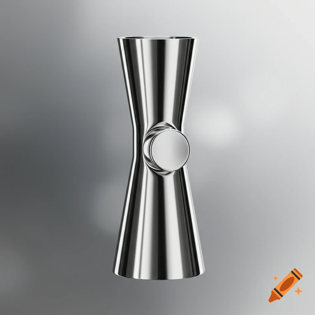 Sleek, chrome, hourglass-shaped object with a central circular knob against a gray background.