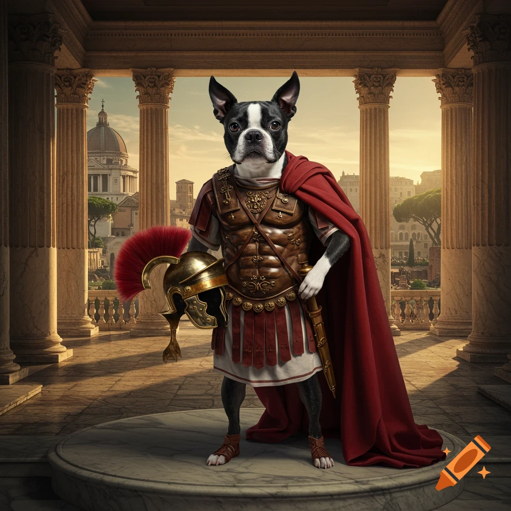 Photorealistic Boston Terrier as a Roman general in armor and red cape, holding a helmet, standing on a stone pedestal amidst ancient Roman ruins at sunset.