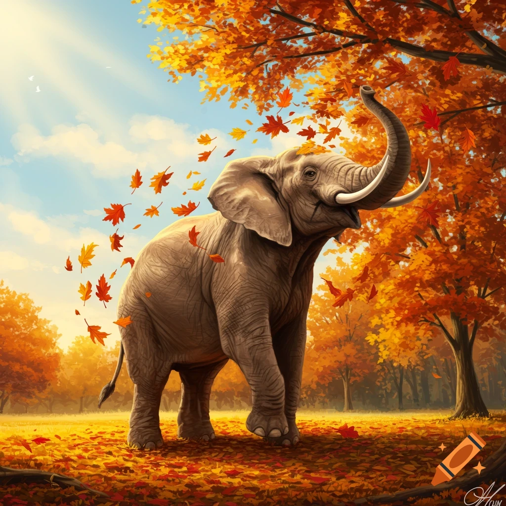 An elephant with its trunk raised in a vibrant autumn forest with leaves falling, digital painting.