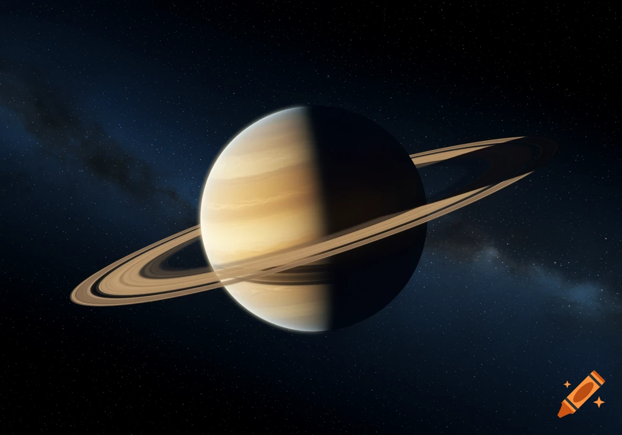 Saturn and its rings, half-illuminated, against a dark, star-filled space background.