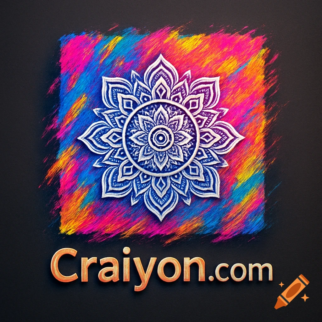 A blue and white mandala on a vibrant pink, yellow, and blue textured background, with 'Craiyon.com' in orange text below.