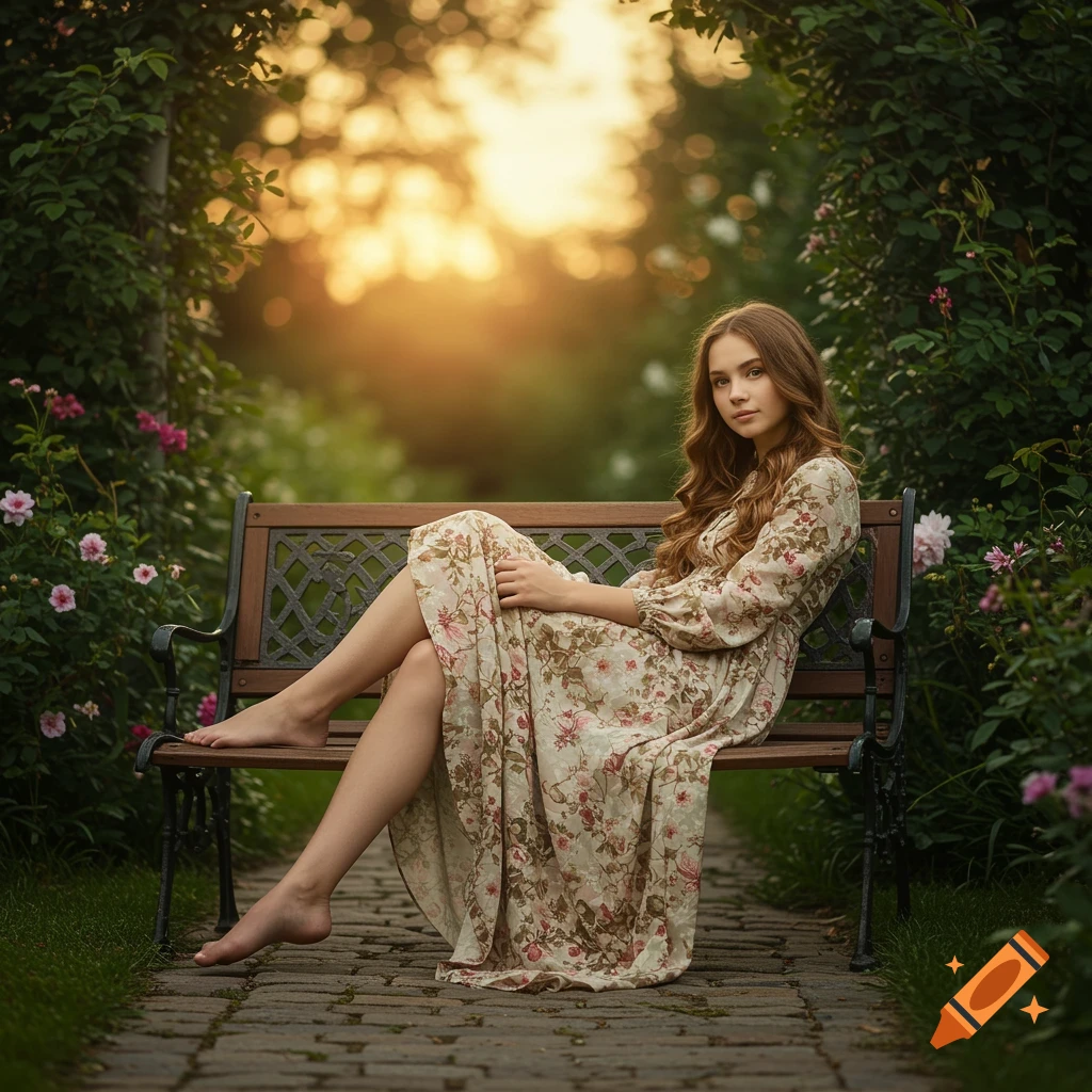 A young woman in a floral dress sits barefoot on a park bench in a lush garden, bathed in golden hour light.